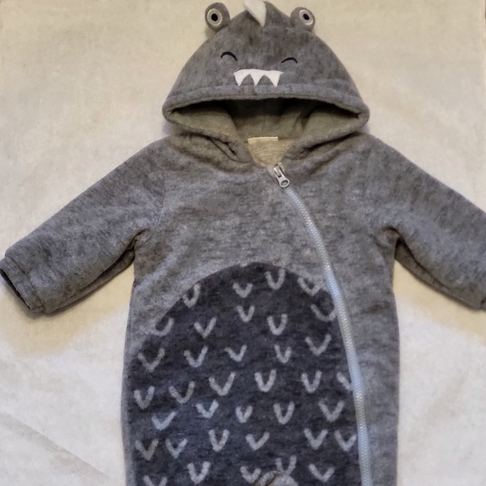 Gray dinosaur/reptile snowsuit/bunting suit